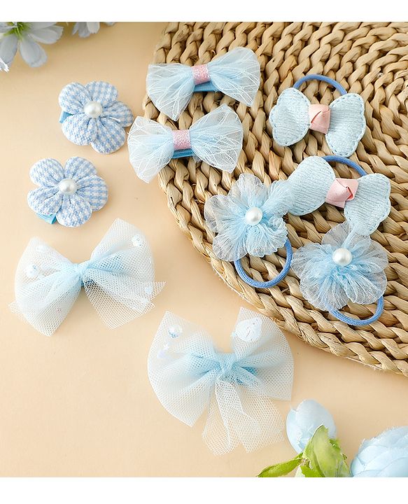 Babyhug Free Size Bow & Butterfly Hair Clips & Rubber Bands Pack of 10- Light Blue