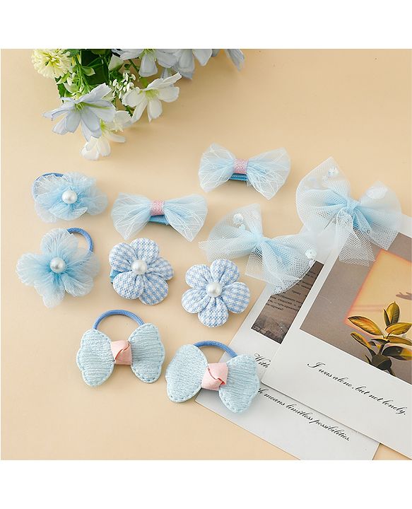 Babyhug Free Size Bow & Butterfly Hair Clips & Rubber Bands Pack of 10- Light Blue