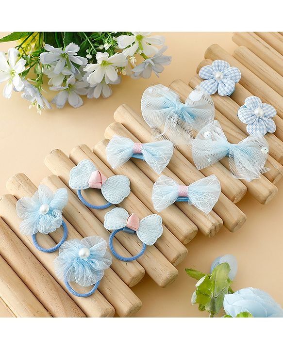 Babyhug Free Size Bow & Butterfly Hair Clips & Rubber Bands Pack of 10- Light Blue