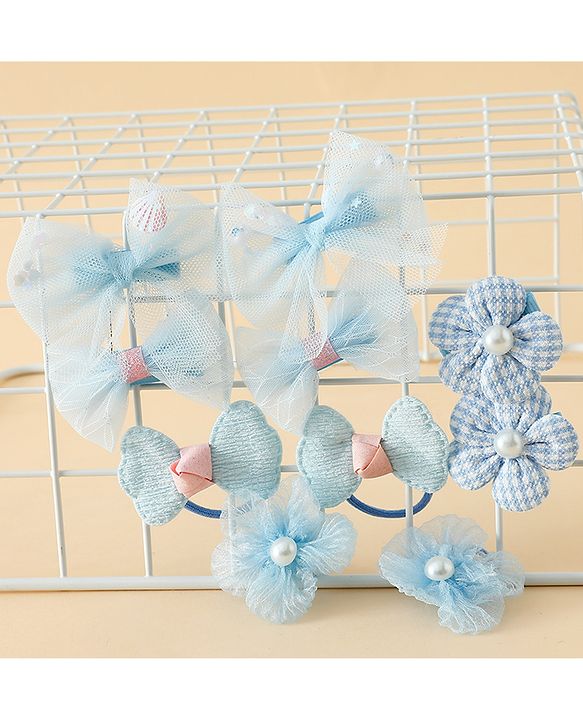Babyhug Free Size Bow & Butterfly Hair Clips & Rubber Bands Pack of 10- Light Blue