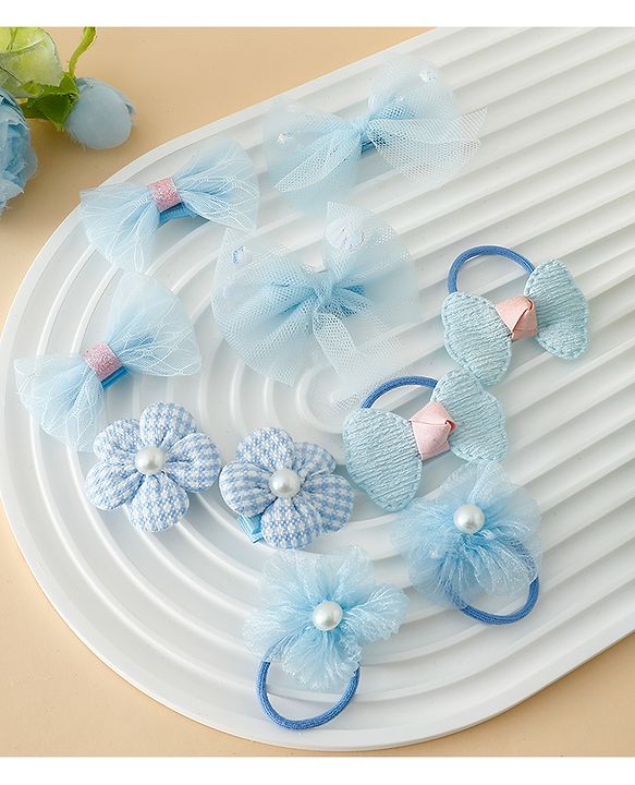 Babyhug Free Size Bow & Butterfly Hair Clips & Rubber Bands Pack of 10- Light Blue