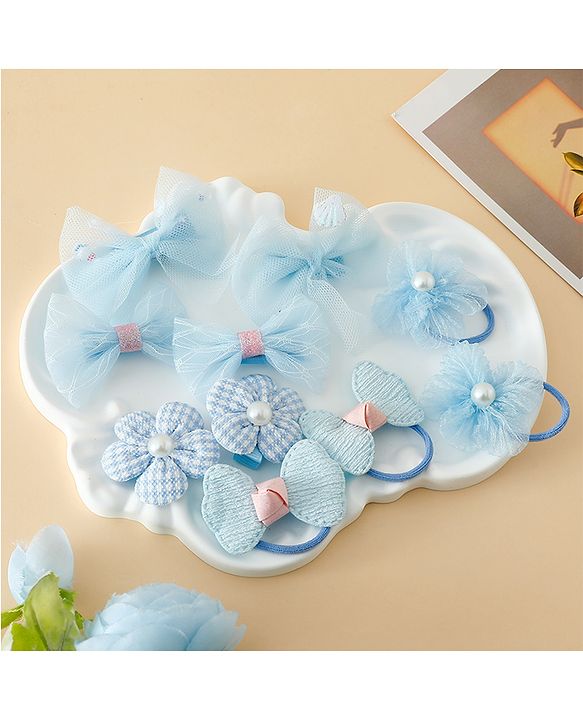 Babyhug Free Size Bow & Butterfly Hair Clips & Rubber Bands Pack of 10- Light Blue