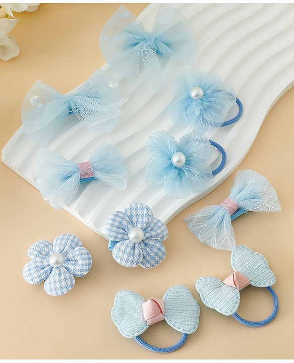 Babyhug Free Size Bow & Butterfly Hair Clips & Rubber Bands Pack of 10- Light Blue
