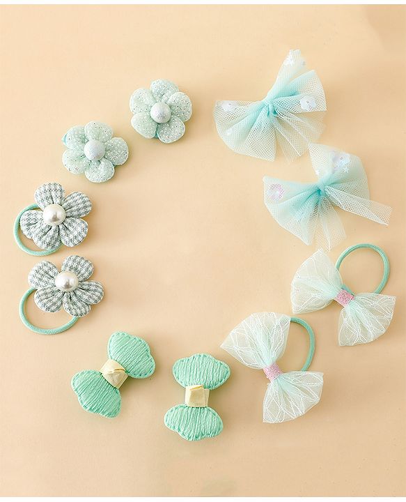 Babyhug Free Size Bow & Butterfly Clips & Rubber Pack of 10- Light Green.