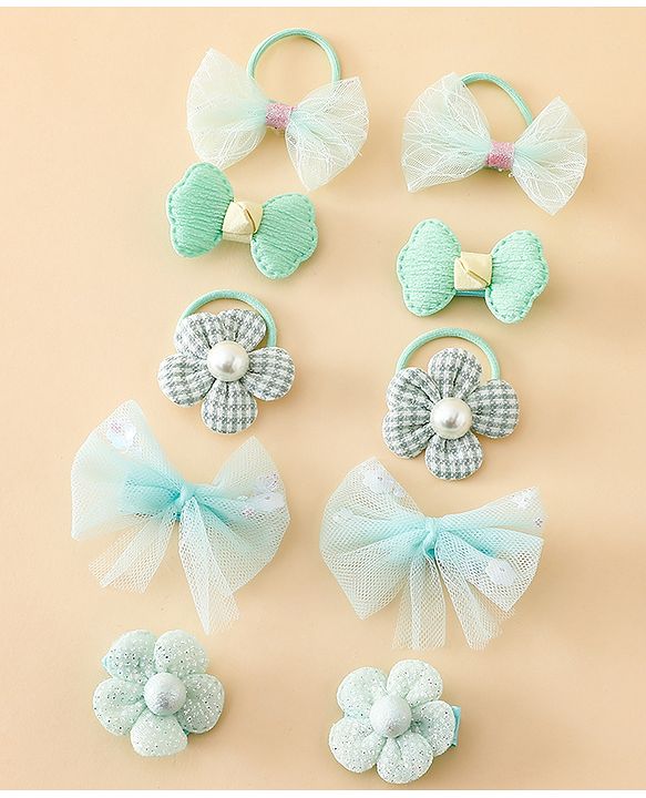 Babyhug Free Size Bow & Butterfly Clips & Rubber Pack of 10- Light Green.