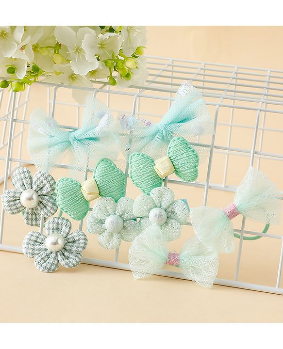 Babyhug Free Size Bow & Butterfly Clips & Rubber Pack of 10- Light Green.