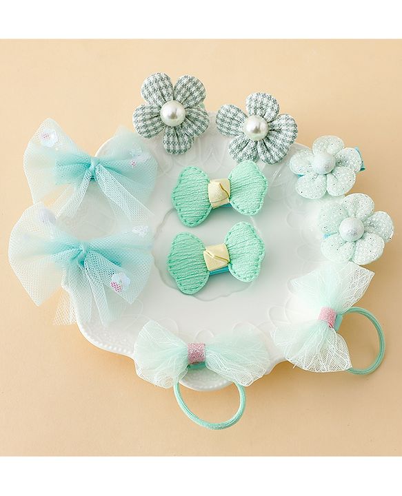 Babyhug Free Size Bow & Butterfly Clips & Rubber Pack of 10- Light Green.
