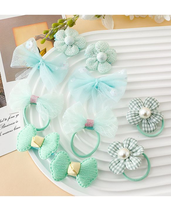 Babyhug Free Size Bow & Butterfly Clips & Rubber Pack of 10- Light Green.