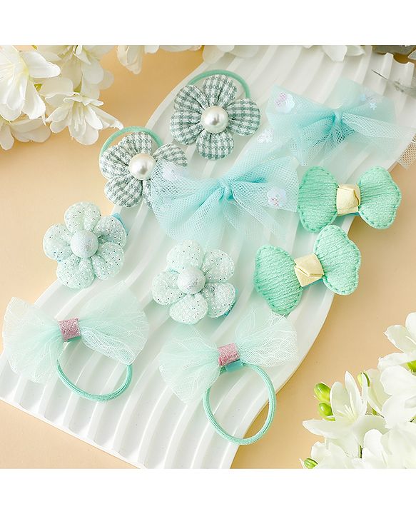 Babyhug Free Size Bow & Butterfly Clips & Rubber Pack of 10- Light Green.