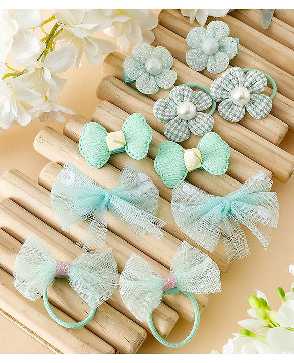 Babyhug Free Size Bow & Butterfly Clips & Rubber Pack of 10- Light Green.