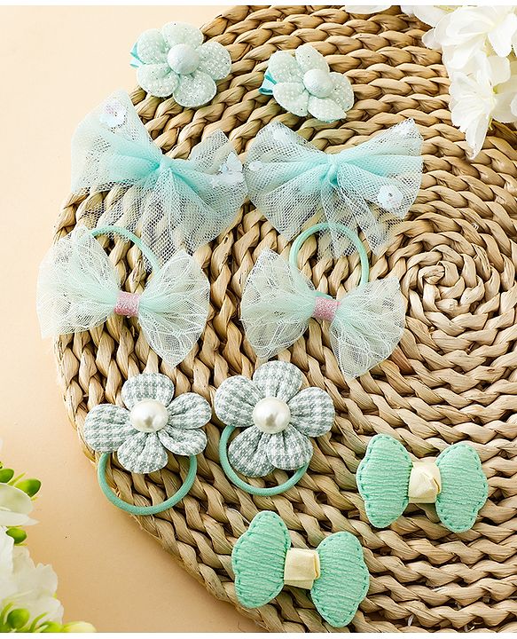 Babyhug Free Size Bow & Butterfly Clips & Rubber Pack of 10- Light Green.