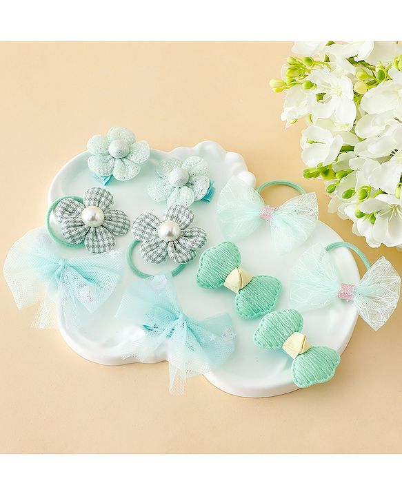Babyhug Free Size Bow & Butterfly Clips & Rubber Pack of 10- Light Green.