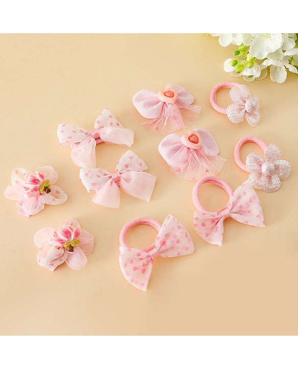 Babyhug Free Size Bow & Butterfly Hair Clips & Rubber Bands Pack of 10- Pink