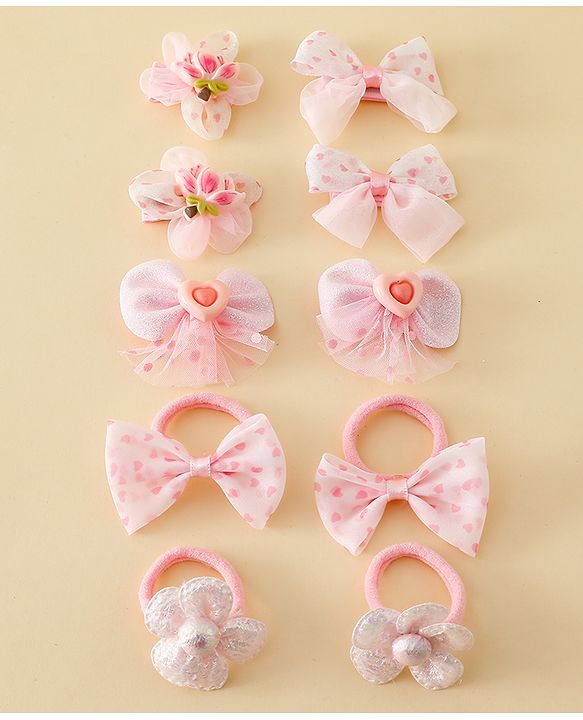 Babyhug Free Size Bow & Butterfly Hair Clips & Rubber Bands Pack of 10- Pink