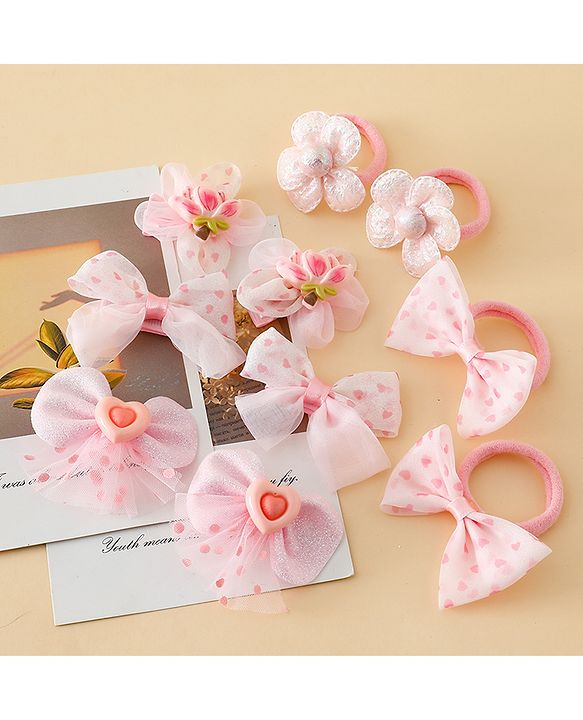Babyhug Free Size Bow & Butterfly Hair Clips & Rubber Bands Pack of 10- Pink