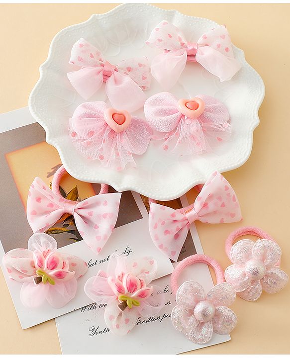 Babyhug Free Size Bow & Butterfly Hair Clips & Rubber Bands Pack of 10- Pink