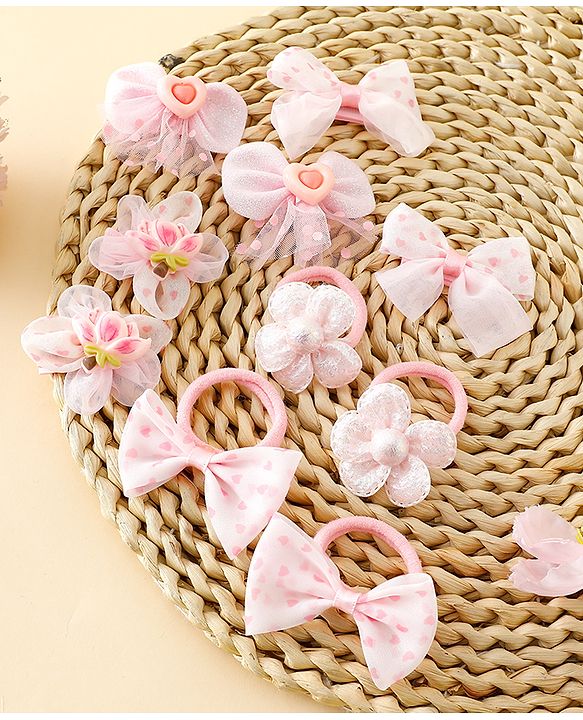 Babyhug Free Size Bow & Butterfly Hair Clips & Rubber Bands Pack of 10- Pink