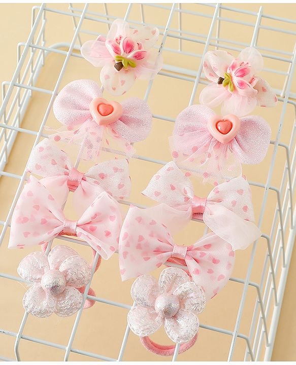 Babyhug Free Size Bow & Butterfly Hair Clips & Rubber Bands Pack of 10- Pink