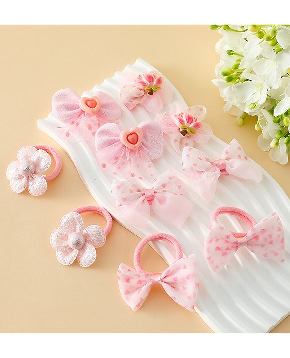Babyhug Free Size Bow & Butterfly Hair Clips & Rubber Bands Pack of 10- Pink