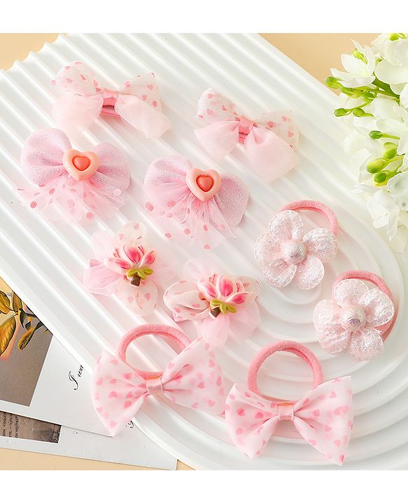 Babyhug Free Size Bow & Butterfly Hair Clips & Rubber Bands Pack of 10- Pink