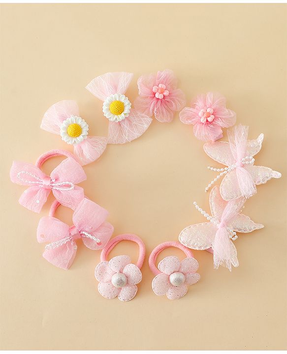 Babyhug Free Size Bow & Butterfly Clips & Rubber Pack Of 10 - Pink