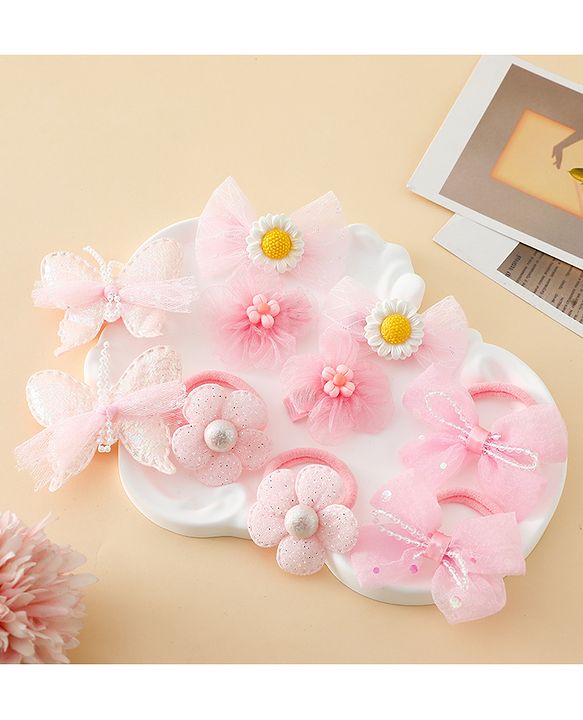 Babyhug Free Size Bow & Butterfly Clips & Rubber Pack Of 10 - Pink
