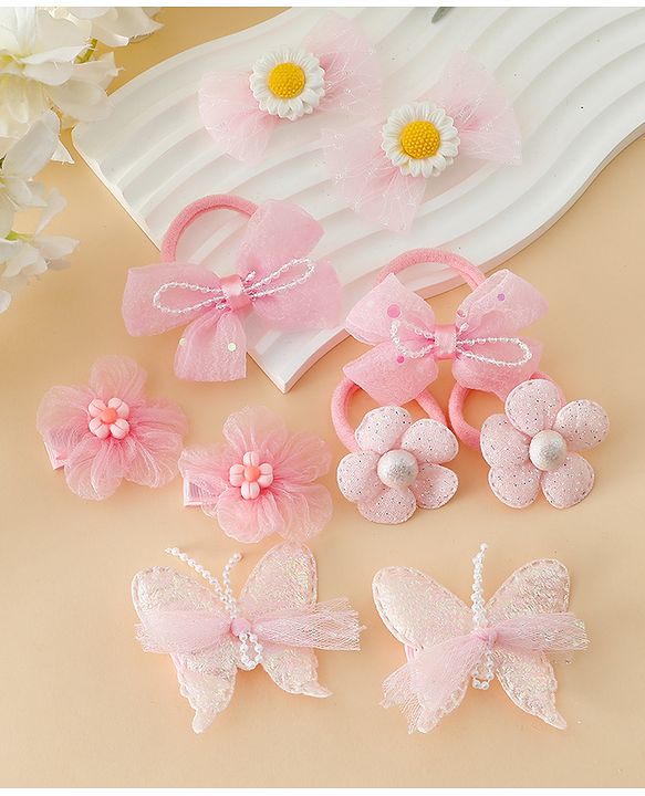 Babyhug Free Size Bow & Butterfly Clips & Rubber Pack Of 10 - Pink