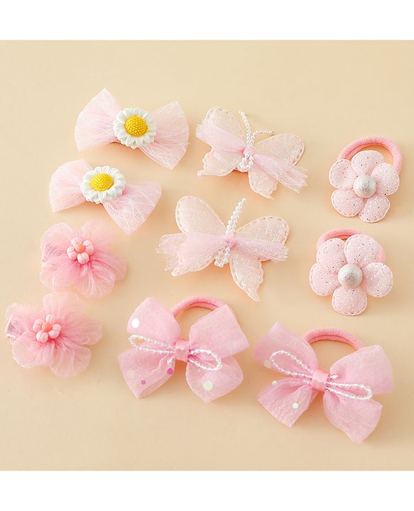 Babyhug Free Size Bow & Butterfly Clips & Rubber Pack Of 10 - Pink