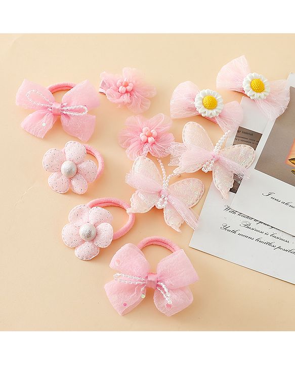 Babyhug Free Size Bow & Butterfly Clips & Rubber Pack Of 10 - Pink