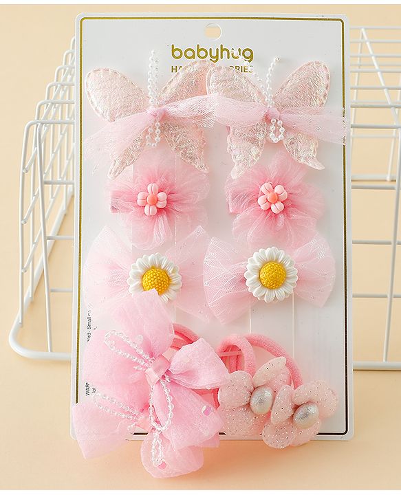Babyhug Free Size Bow & Butterfly Clips & Rubber Pack Of 10 - Pink