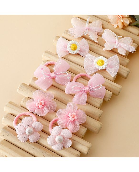 Babyhug Free Size Bow & Butterfly Clips & Rubber Pack Of 10 - Pink