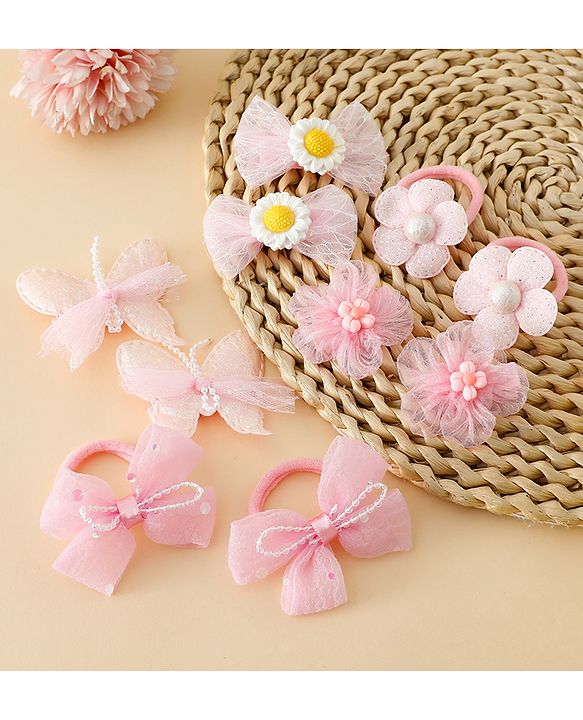 Babyhug Free Size Bow & Butterfly Clips & Rubber Pack Of 10 - Pink