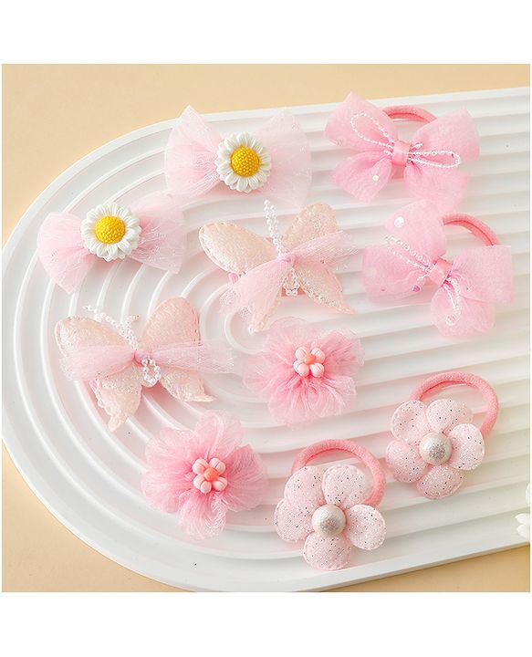 Babyhug Free Size Bow & Butterfly Clips & Rubber Pack Of 10 - Pink
