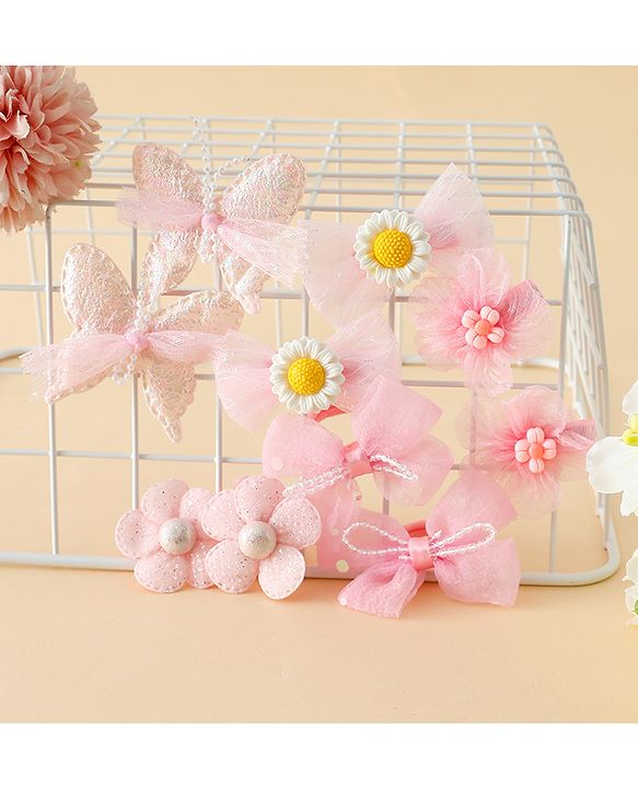 Babyhug Free Size Bow & Butterfly Clips & Rubber Pack Of 10 - Pink