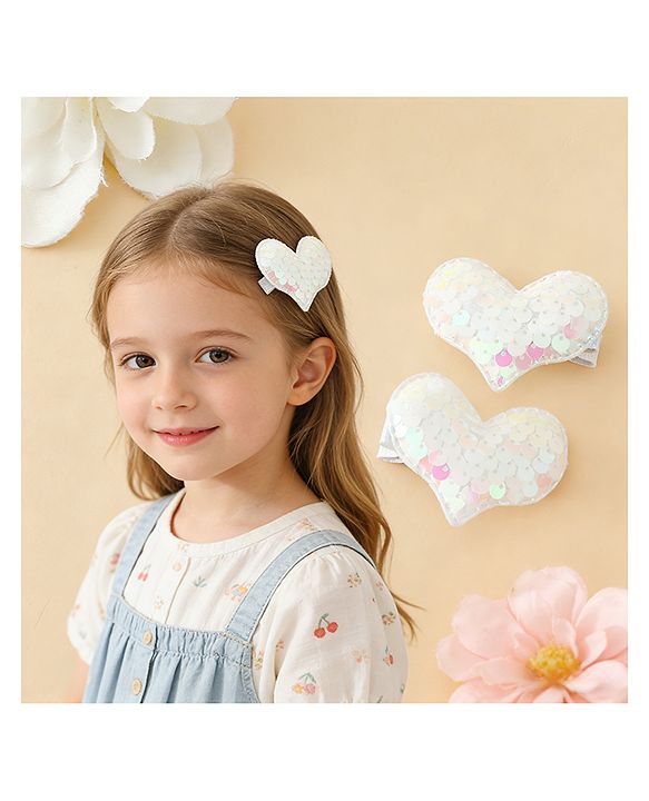 Pine Kids Free Size Sequin Heart Hair Clips Pack Of 2 - White.