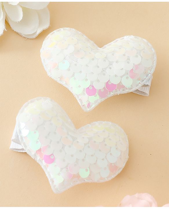 Pine Kids Free Size Sequin Heart Hair Clips Pack Of 2 - White.
