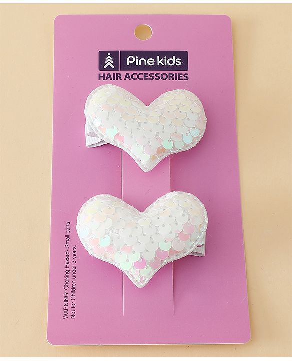 Pine Kids Free Size Sequin Heart Hair Clips Pack Of 2 - White.