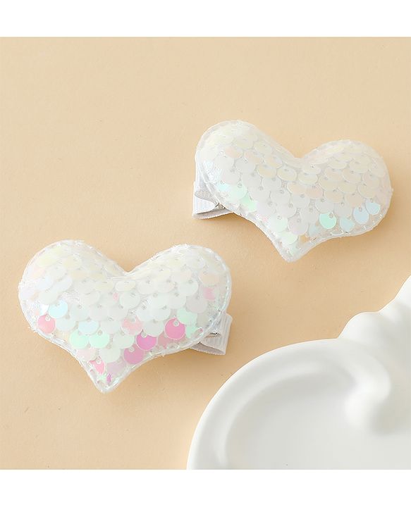 Pine Kids Free Size Sequin Heart Hair Clips Pack Of 2 - White.