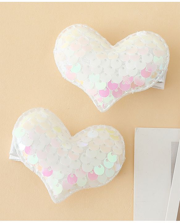 Pine Kids Free Size Sequin Heart Hair Clips Pack Of 2 - White.