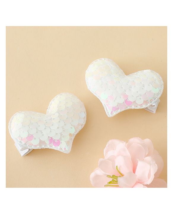 Pine Kids Free Size Sequin Heart Hair Clips Pack Of 2 - White.