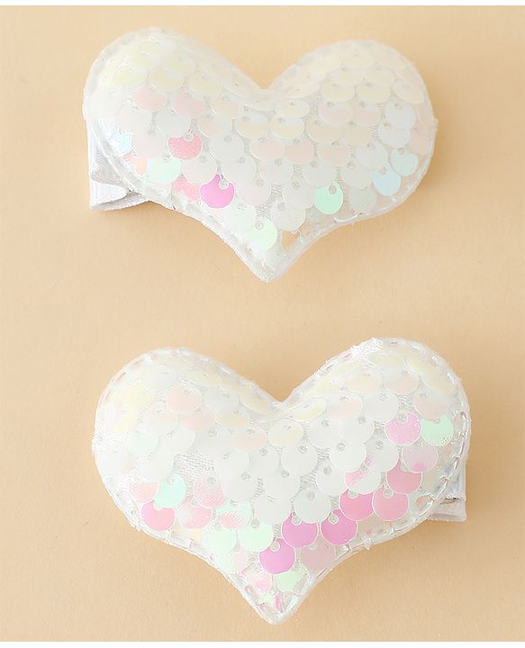 Pine Kids Free Size Sequin Heart Hair Clips Pack Of 2 - White.