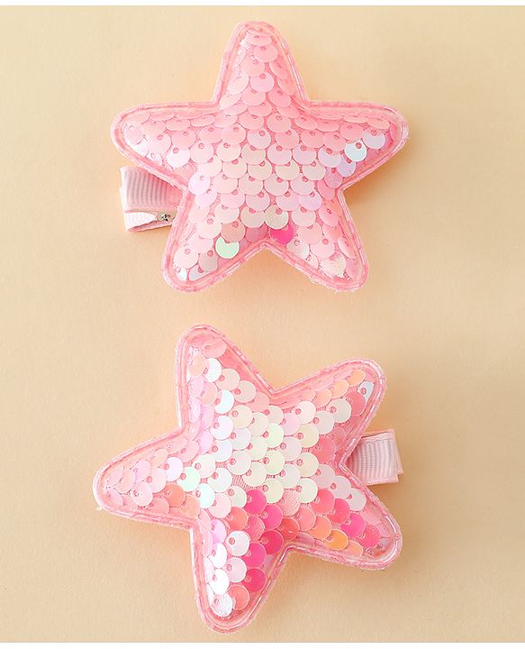 Babyhug Free Size Sequin Star Hair Clips Pack Of 2 - Pink.