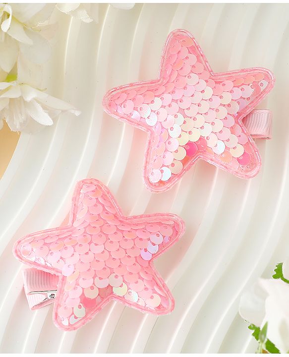 Babyhug Free Size Sequin Star Hair Clips Pack Of 2 - Pink.