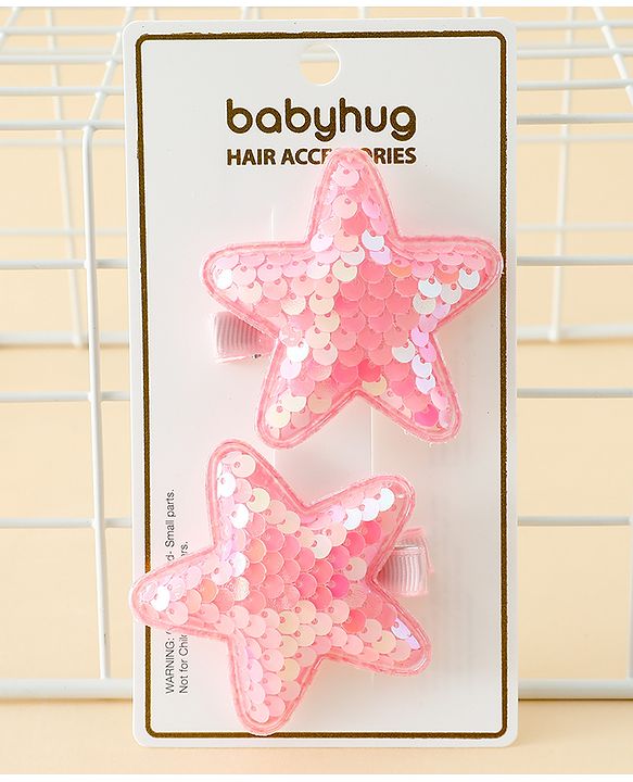 Babyhug Free Size Sequin Star Hair Clips Pack Of 2 - Pink.