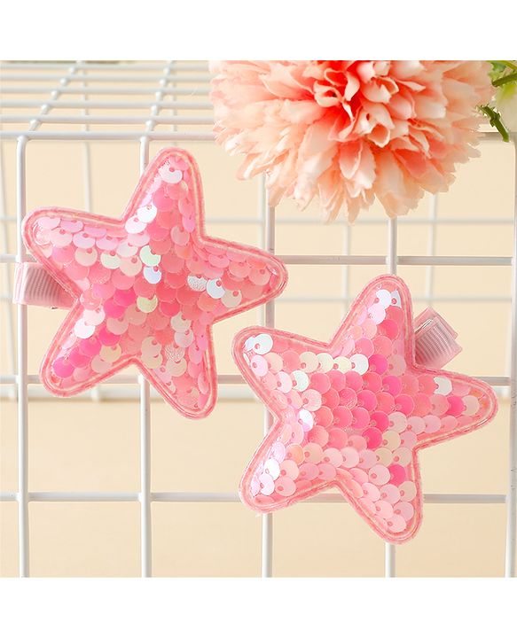 Babyhug Free Size Sequin Star Hair Clips Pack Of 2 - Pink.
