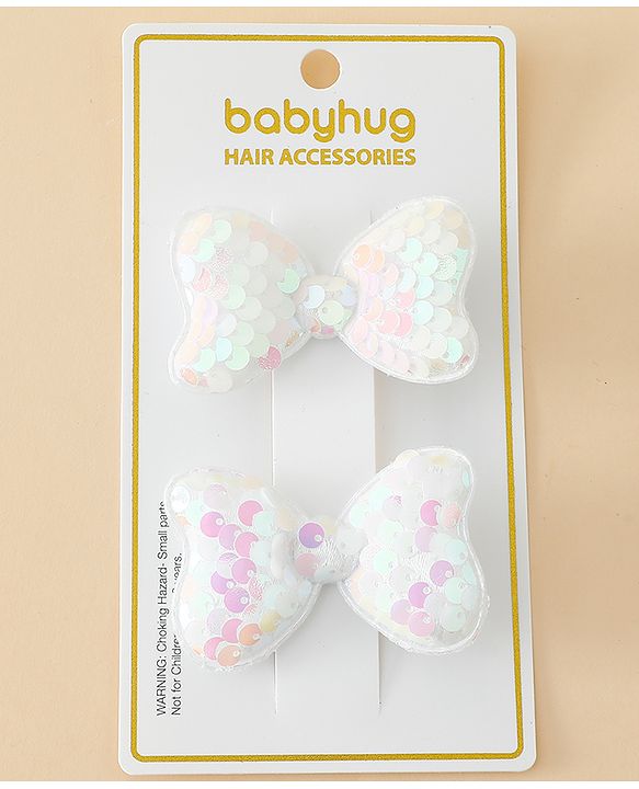 Babyhug Free Size Sequin Bow & Butterfly Clips Pack Of 2 - Off White.