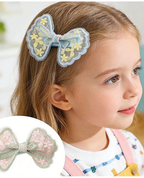 Pine Kids Bow & Butterfly Clips With Applique - White & Blue