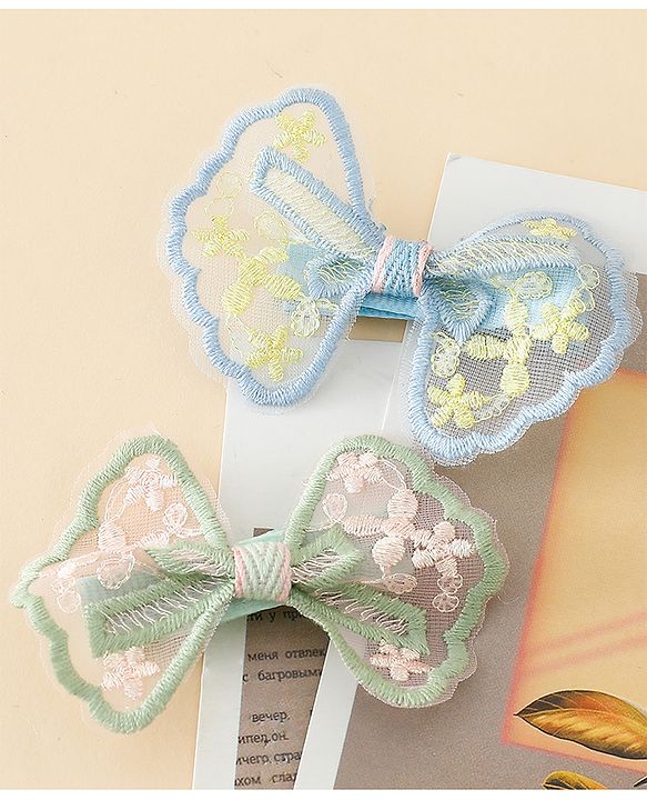 Pine Kids Bow & Butterfly Clips With Applique - White & Blue