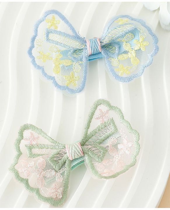 Pine Kids Bow & Butterfly Clips With Applique - White & Blue