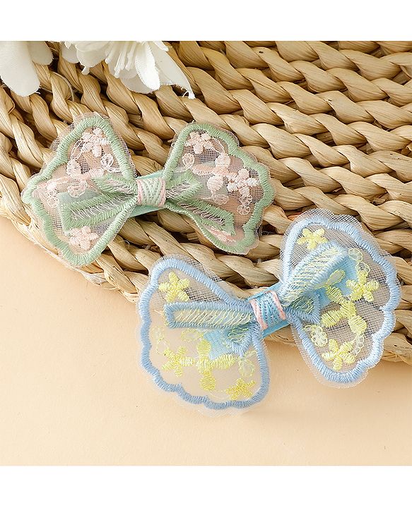 Pine Kids Bow & Butterfly Clips With Applique - White & Blue